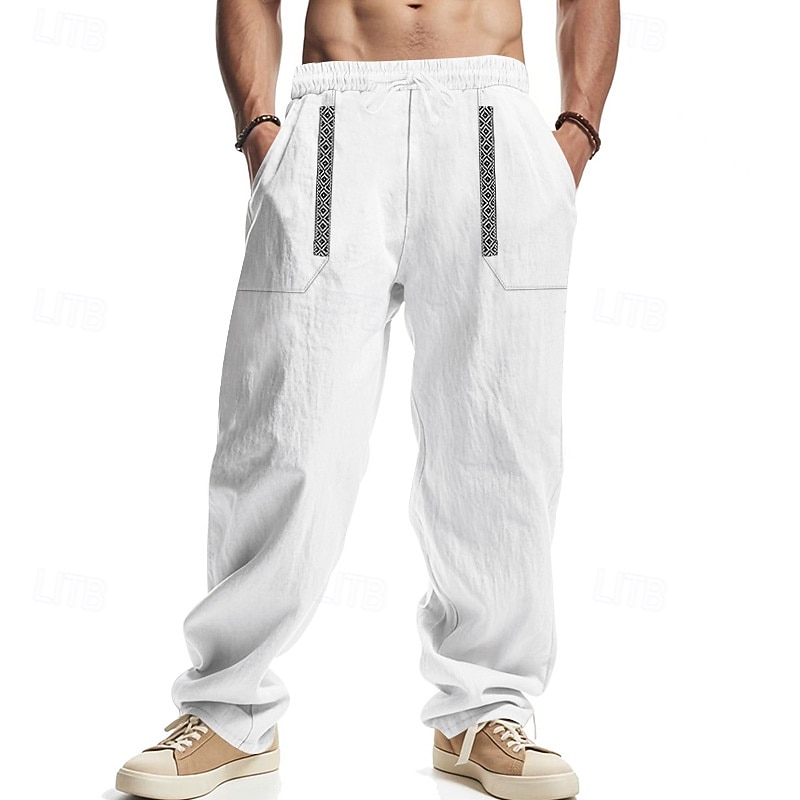 Men's Linen Pants Trousers Summer Pants Beach Pants Patchwork Drawstring Straight Leg Plain Comfort Breathable Full Length Casual Daily Holiday Fashion Classic Style Black White 2026 - $26.99 –P9