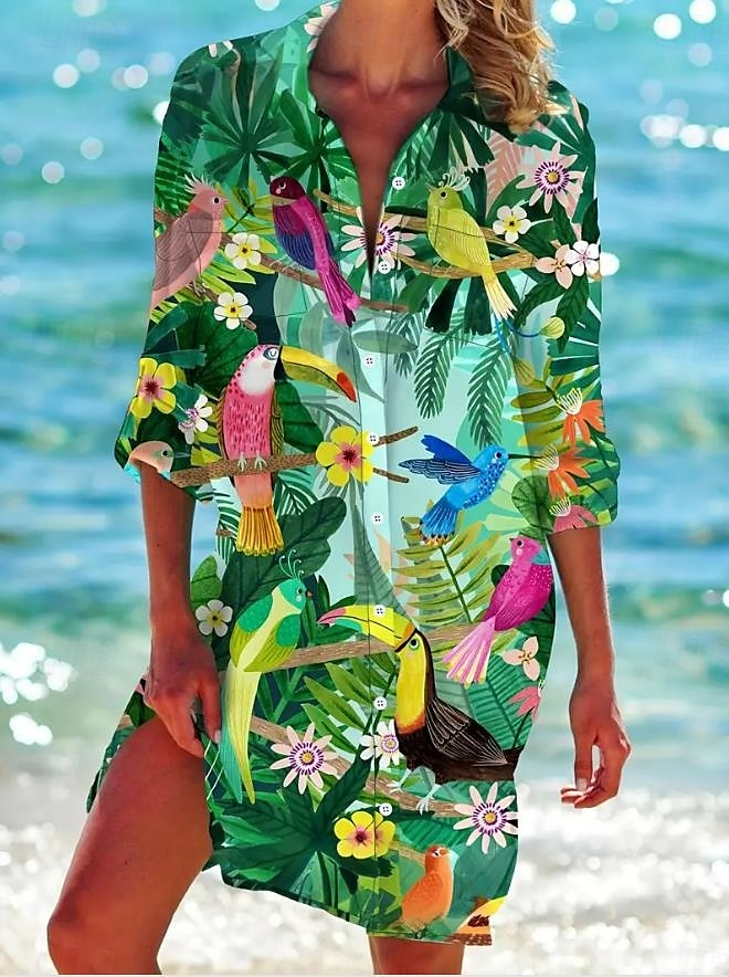 Damen Minikleid Sommerkleid Urlaub Strand Urlaub Täglich Strand Lässiger Schnitt Grafik Tropisch Langarm Hemdkragen Grün Frühling Herbst 2025 - $46.99 –P1