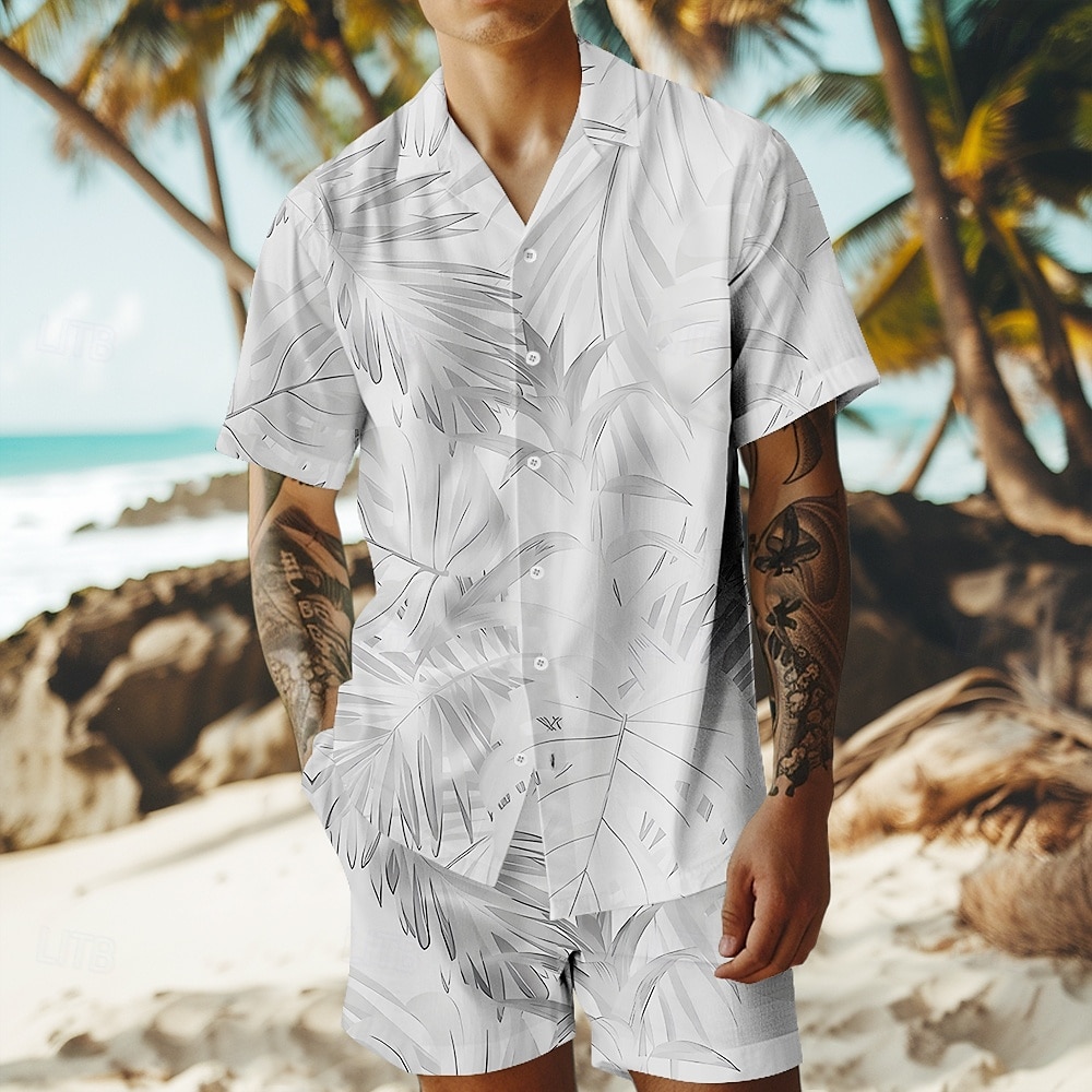 Herre Trær / blader 2stk Skjorter sett Hawaii skjorte Kortermet Korte bukser cubansk krage Ferie Avslappet Strandferie 3D-utskrift Sommer Grå Hvit Lysegrønn 2025 - $32.99 –P2