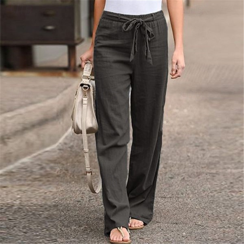 Femmes Pantalon en coton et lin Slacks Mode Streetwear Confort Longueur complète Taille haute Uni Conception à cordon élastique Confortable Rue Sortir Bleu œuf de mer Gris Noir Blanche Été Coupe de 2025 ? $21.99 –P4
