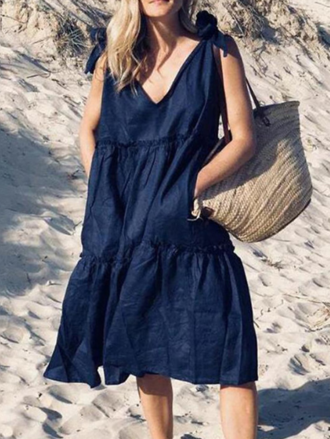 Damen Midikleid Weißes Kleid Casual kleid Sommerkleid Elegant Modern Täglich Sommerkleid Lockere Passform Glatt Einfarbig Ärmellos Tiefes V Schnürkragen Schwarz Weiß Rote Sommer 2025 - $17.99 –P11