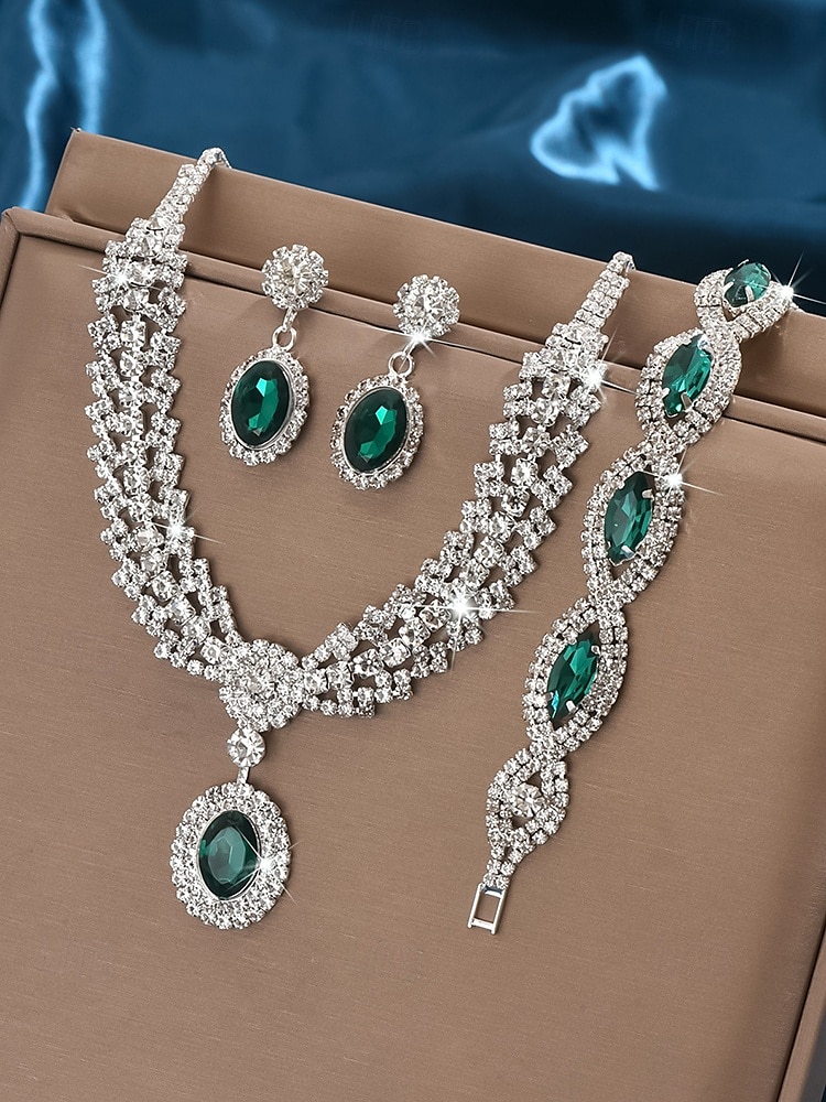 Ensemble de bijoux de luxe en cristal vert pour femmes – collier élégant, bracelet et boucles d'oreilles, accessoires de mariage en strass pour fêtes et événements formels de 2025 ? $14.99 –P3