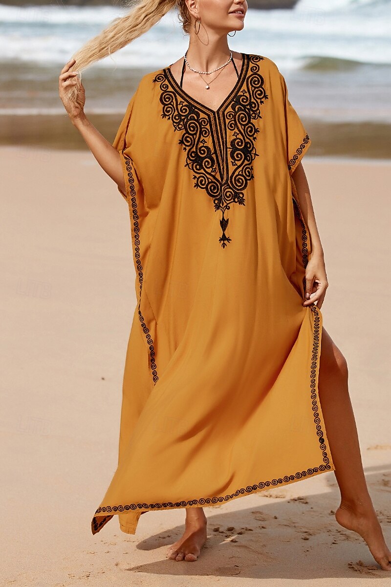 Women's Midi Dress Casual Dress Boho Dress Print Dress Fashion Modern Going out Beach Weekend Regular Fit Flower Short Sleeve V Neck Yellow Summer 2025 - $25.99 –P3