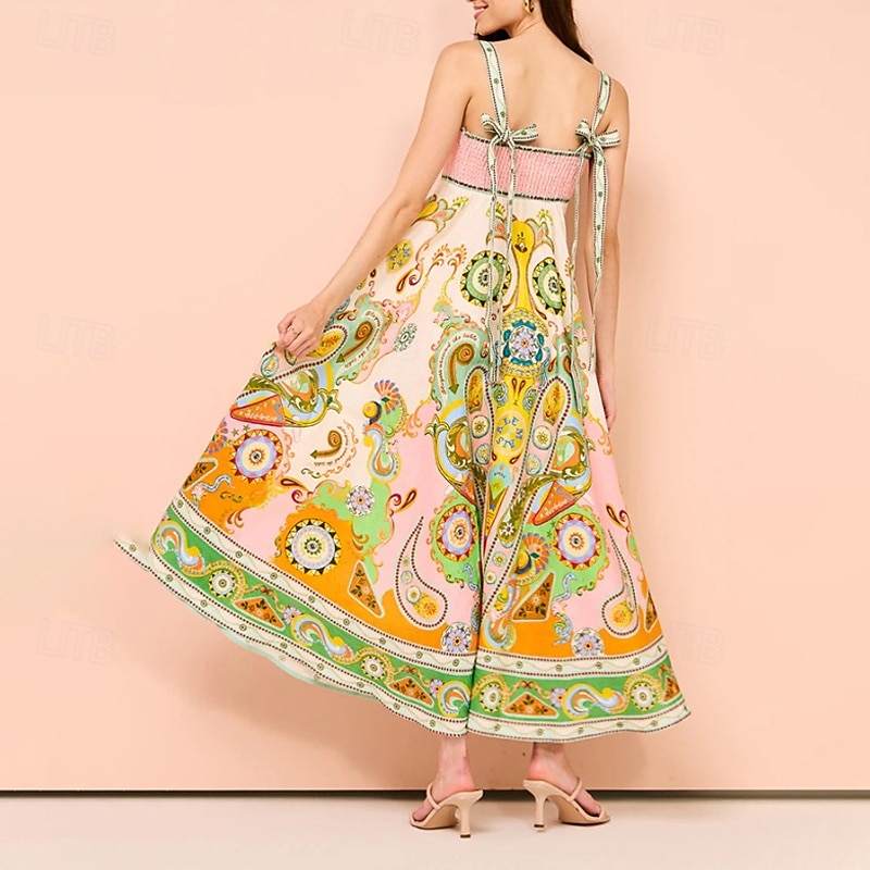 Abito midi da donna, abito floreale, abito sottoveste, abito stampato, moda, classico, per uscire all'aperto, fine settimana, vestibilità regolare, fiore, senza maniche, spalline sottili, verde, estivo del 2025 a $31.99 –P5