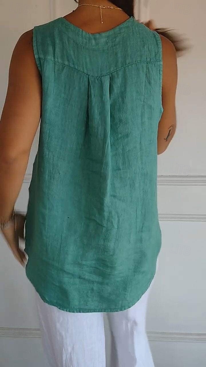 Women's Cotton Linen Shirt Blouse Solid Color Elegant Casual Sleeveless V Neck Regular Tops Daily Holiday Buttons White Navy Blue Green Khaki Summer Spring 2025 - $17.99 –P2