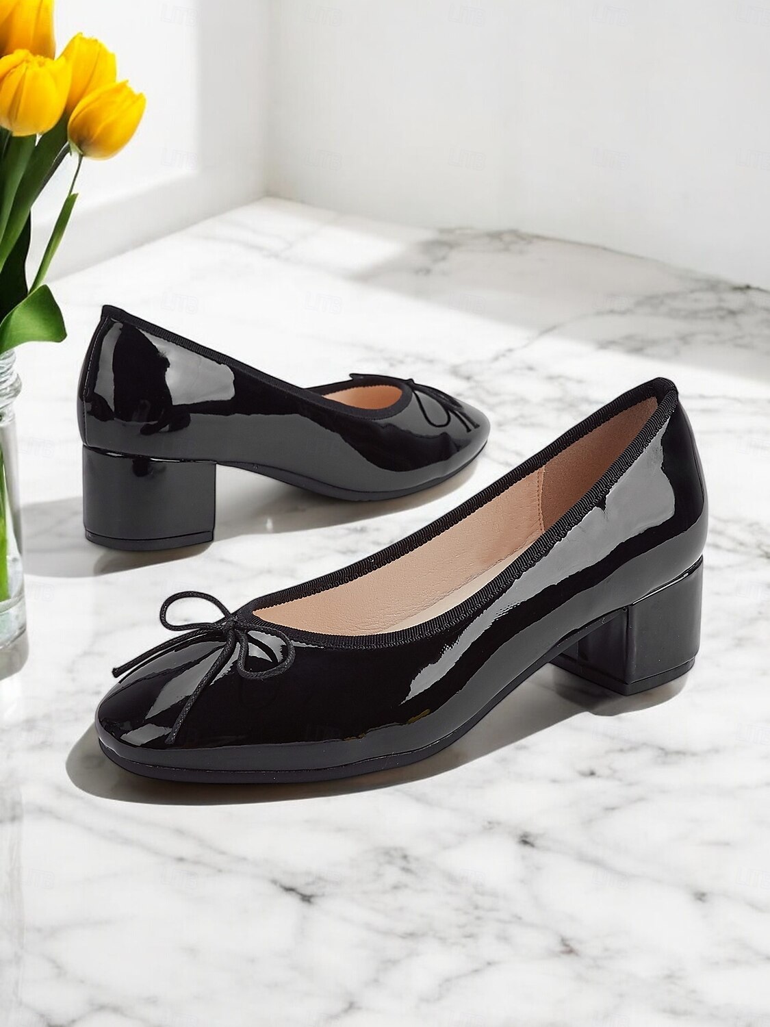 Women's Black Patent Leather Block Heel Ballet Pumps with Bow - Elegant Round-Toe Shoes for Work, Office & Formal Events 2025 - $32.99 –P5
