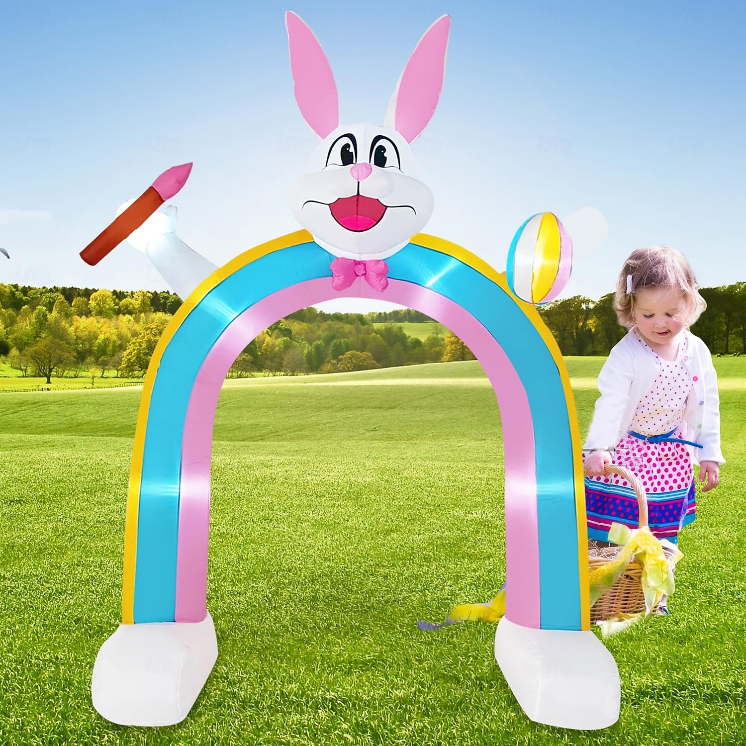 9,8 fot påsk gummibåtar kanin handhållen borste och påskägg uppblåsbar med ljus regnbågsbåge inomhus och utomhus innergård trädgård gräsmatta familjesemester fest atmosfär dekorativt ljus 2026 - $158.99 –P3
