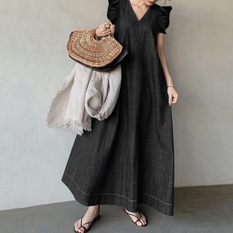 Femmes Robe Midi Robes inspirées du lin Robe en jean Robe en coton et lin Mode Classique Moderne Quotidien Sortir Plage Coupe régulière Uni Manche Courte Col en V Noir Bleu de minuit Bleu clair Été de 2025 ? $28.99 –P3
