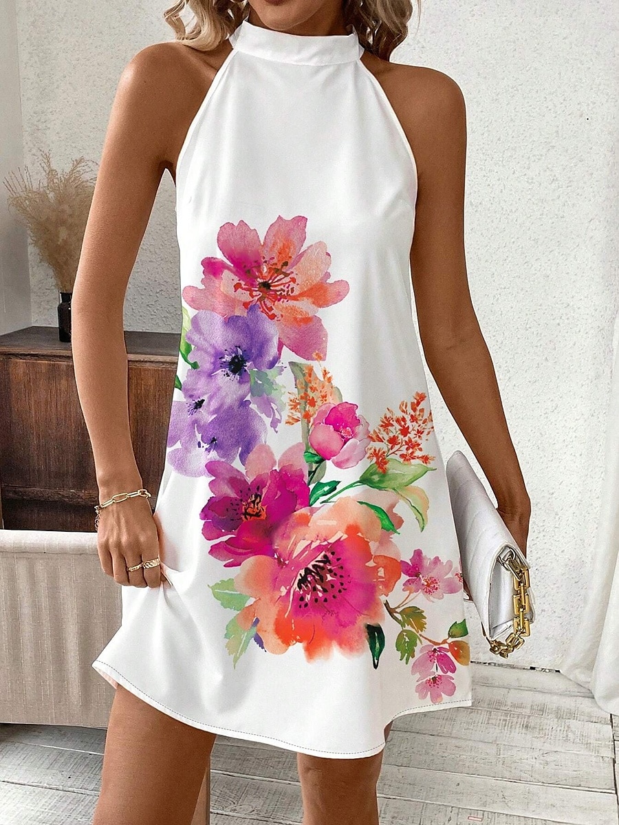 Dam Mini klänning Solklänning Grimma klänning Off Shoulder Klänning Semester Ledigt Dagligen Normal Blommig Grafisk Ärmlös Halterneck Rubinrött Sommar 2025 - $31.99 –P1