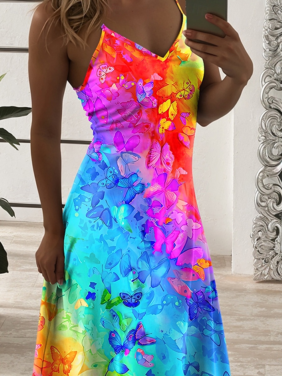 Damen Maxi Kleid A-Linie Kleid Sommer Kleid Slip Kleid Urlaub Casual Alltag Regelmäßige Passform Ombre Grafik Schmetterling Ärmellos V-Ausschnitt Regenbogen Sommer Frühling 2025 - $28.99 –P3