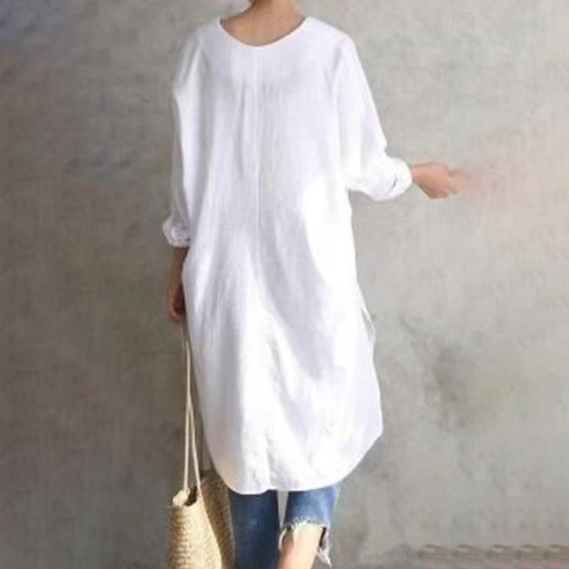 Femmes Robe Midi Robes inspirées du lin Robe en coton et lin Mode Basique Moderne Quotidien Fête Sortir Coupe régulière Uni manche longue Col en V Noir Blanche Été de 2025 ? $26.99 –P3