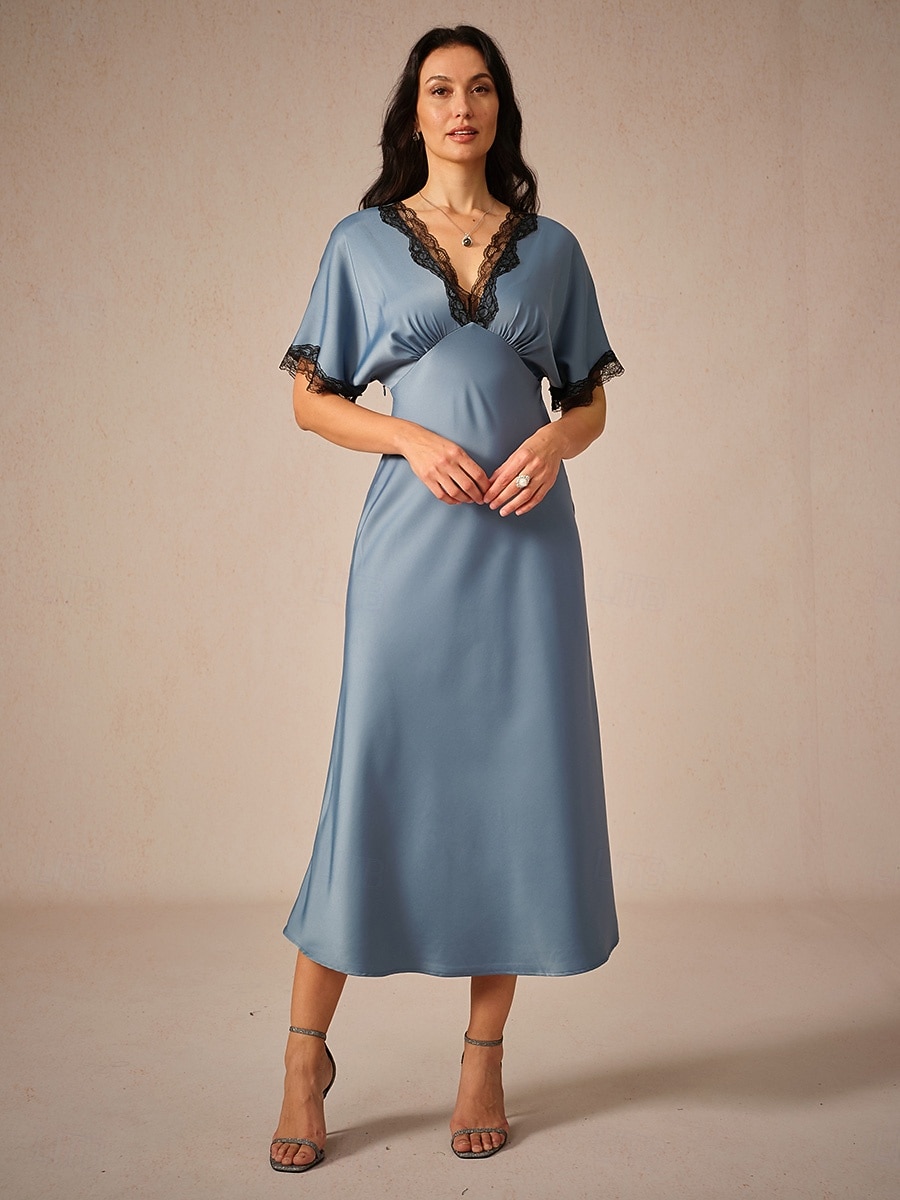 Dames Maxi-jurk Schede jurk Elegant Stijlvol Bruiloft Feest Dagelijks Ruim Passend Effen Kleur Korte mouw V-hals blauw Zomer 2025 - $49.99 –P4