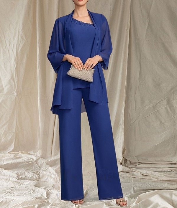 Jumpsuit  Hosenanzug 3-teilig Kleid der Mutter der Braut Hochzeitsgast Elegantes gewelltes Dekolleté bodenlang Chiffon 3/4-lange Ärmel mit Perlen 2025 - $144.99 –P4