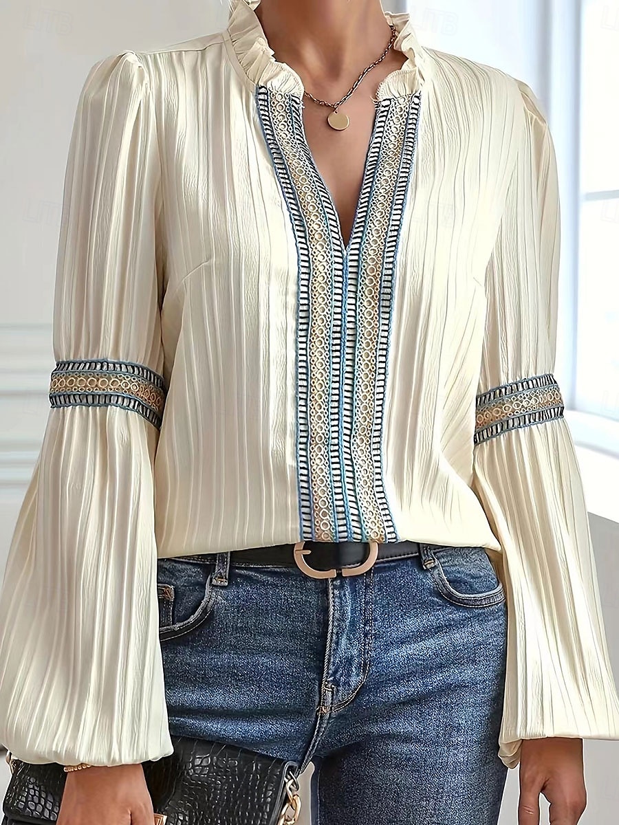 Kvinne Bluse Grafikk Elegant Søt Stilfull Lange Ermer V-Hals Vanlige Topper Daglig Ferie Patchwork Svart Himmelblå Grønn Aprikos Sommer Vår 2025 - $29.99 –P1