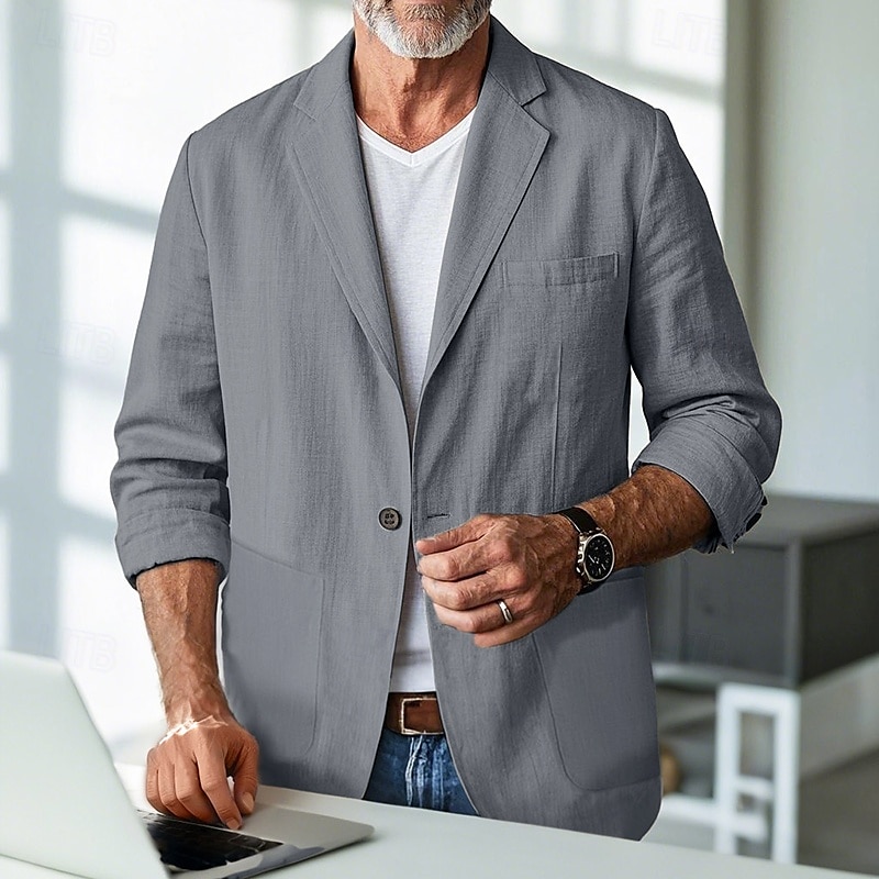 Hombre Blazer de lino chaqueta Negocio Fiesta de Cóctel Fiesta de Boda Moda Casual Primavera & Otoño Poliéster Lino Plano Botones Bolsillo Cómodo Recto 1 botón Chaqueta de sport Negro Burdeos Azul 2025 - $52.99 –P8