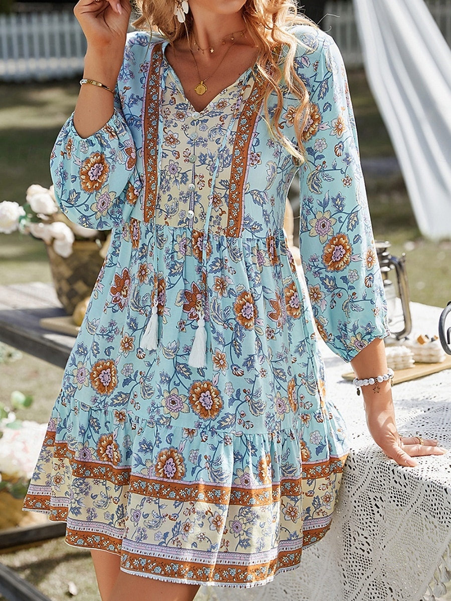 Dam Mini klänning Vardagsklänning Sommarklänning Boho-klänning Mode Utomhus Semester Dagligen Normal Blommig 3/4 ärm V-hals Gul Rodnande Rosa Blå Grön Sommar 2025 - $24.99 –P7