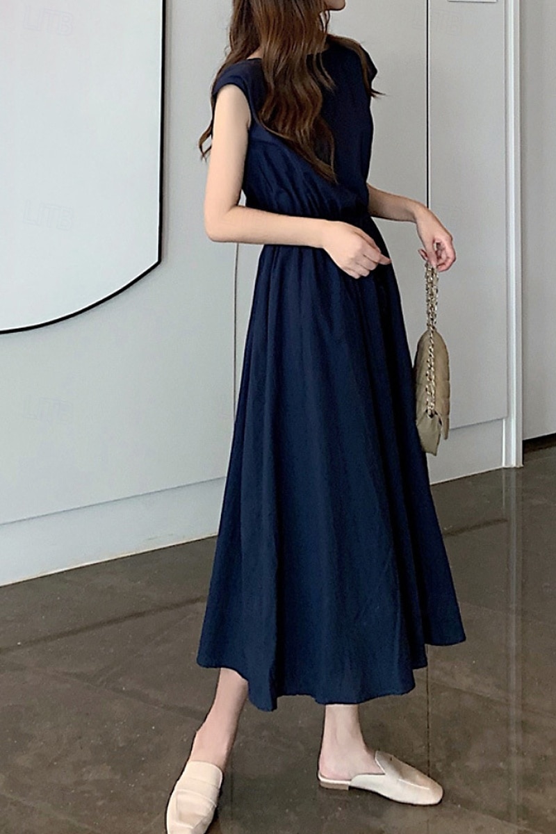 Per donna Abito Midi Abiti in cotone e lino Moda Classico Moderno All'aperto Quotidiano Ferie Vestibilità regolare Semplice Senza Maniche Girocollo Nero Verde chiaro Verde militare Blu marino Estate del 2025 a $26.99 –P8