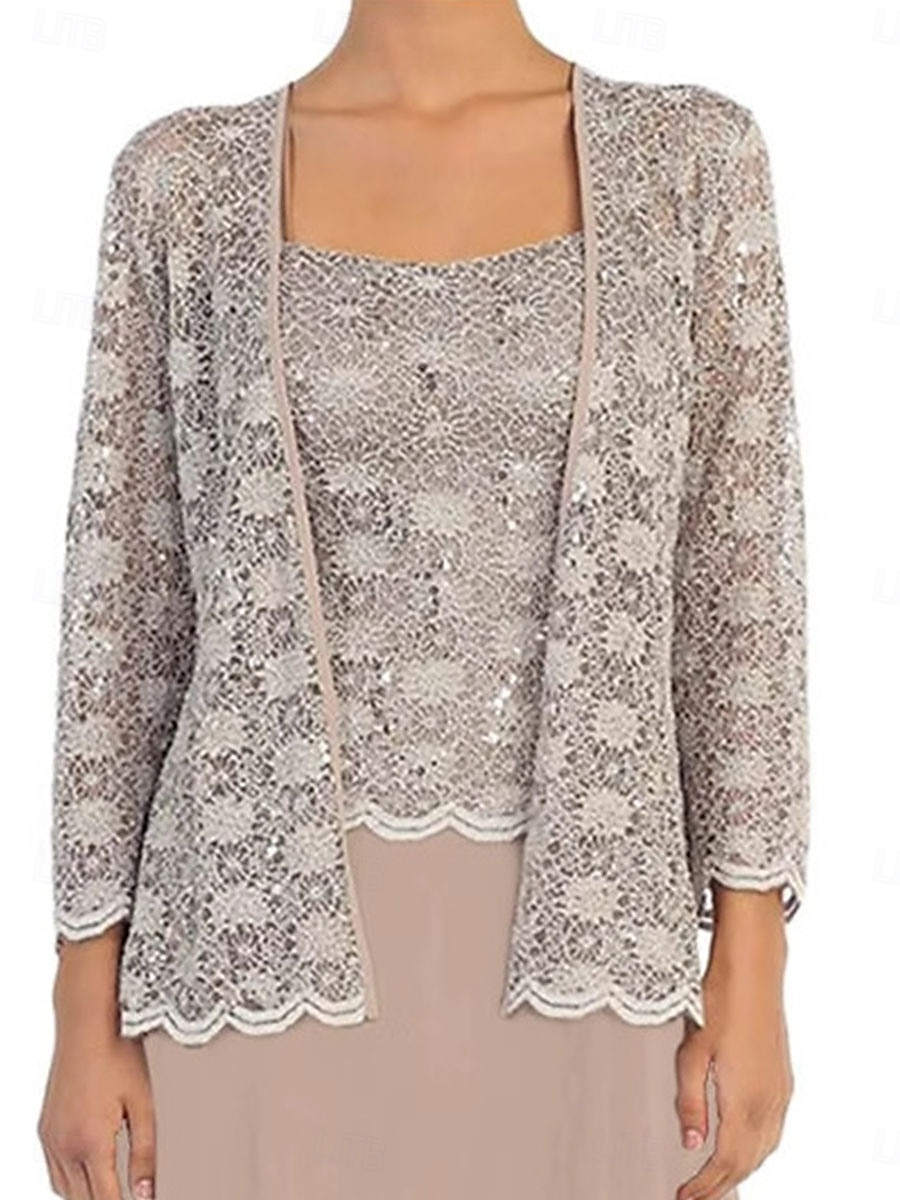Ensembles de Robes Robe de Mère de Mariée  Élégant Simple Une Épaule Longueur thé Polyester manche longue avec Dentelle Couleur Unie 2025 de 2025 ? $101.99 –P3