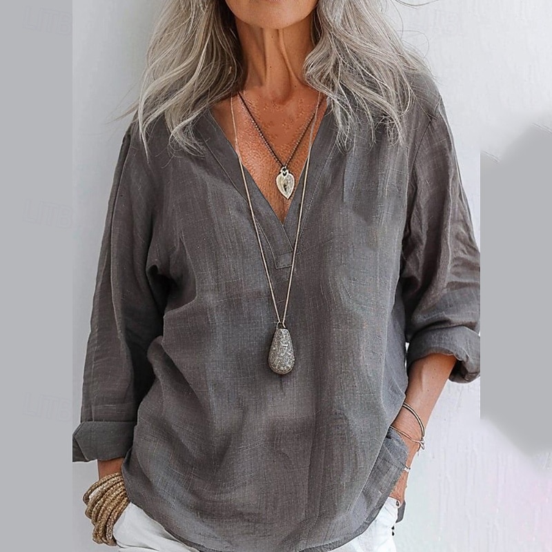 Per donna Camicia Blusa Camicie di cotone e lino Semplice Moderno Casual Manica Lunga Scollo a V Top Regolari Quotidiano Uscire Bottoni Giallo Rosa Cachi Grigio Estate del 2025 a $22.99 –P4