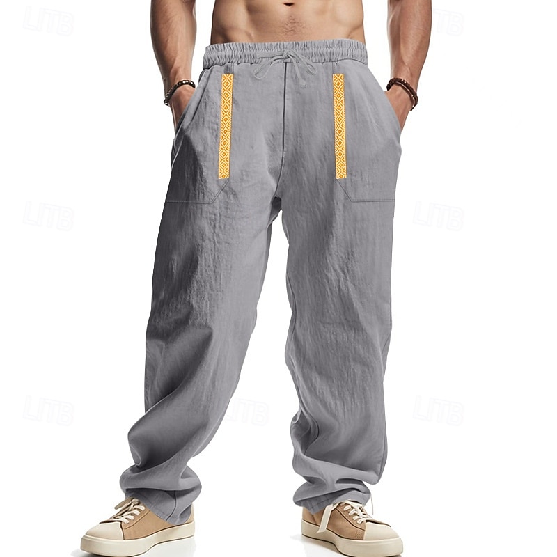 Men's Linen Pants Trousers Summer Pants Beach Pants Patchwork Drawstring Straight Leg Plain Comfort Breathable Full Length Casual Daily Holiday Fashion Classic Style Black White 2026 - $26.99 –P11