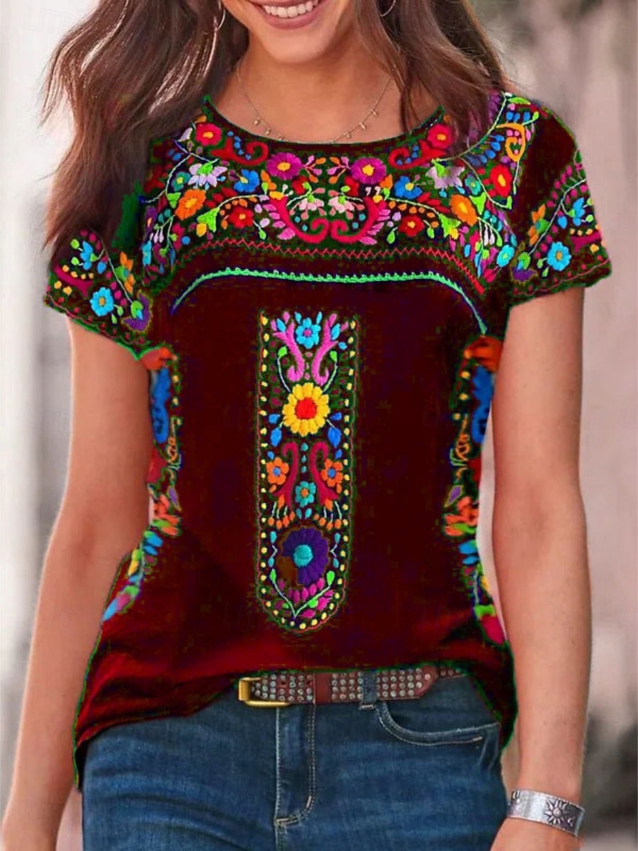 Women's T Shirt Peasant Blouse Floral Bohemia Active Western Short Sleeve Crew Neck Regular Tops Daily Print Black Wine Blue Gray Summer 2025 - $13.99 –P1