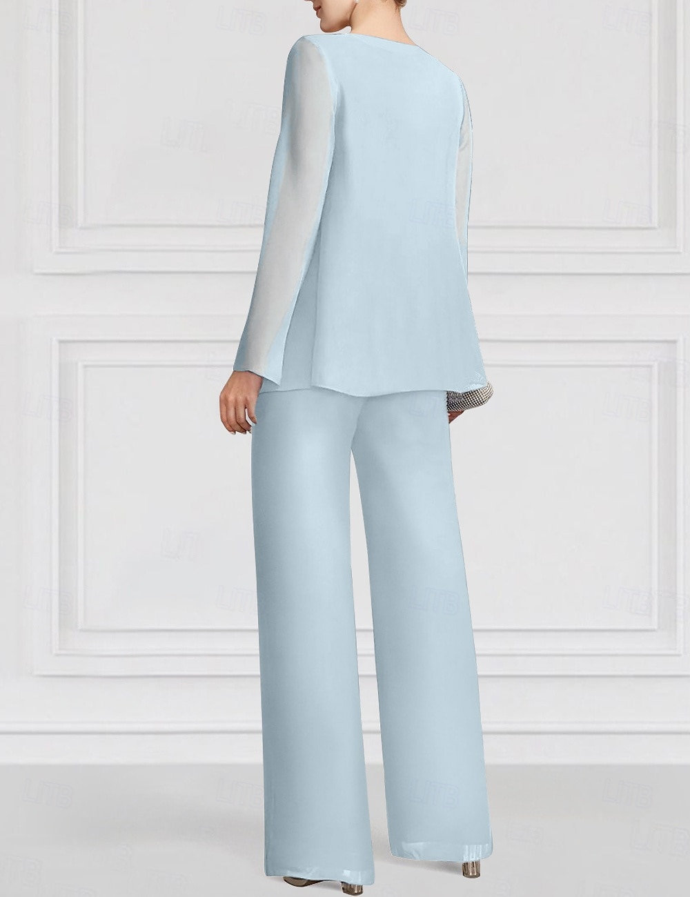 Completo Pantaloni Floreali Blu Rosa 3 Pezzi Madre della Sposa Ospite di Matrimonio Elegante Scollo Gioiello Lunghezza Fino al Pavimento Chiffon Maniche Lunghe Cappotto Incluso con Ruches in Pizzo del 2025 a $119.99 –P2