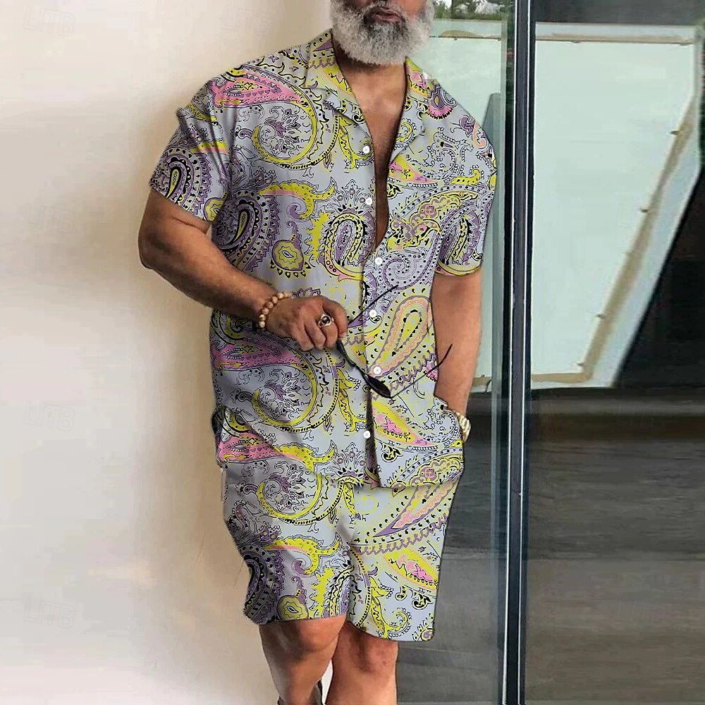 Hombre Estampado 2 piezas Conjuntos de camisas Tops de verano Manga Corta Pantalones cortos Collar Cubano Vacaciones Casual / Diario Fiesta Casual Diario Impresión 3D Verano Gris 2025 - $37.99 –P1
