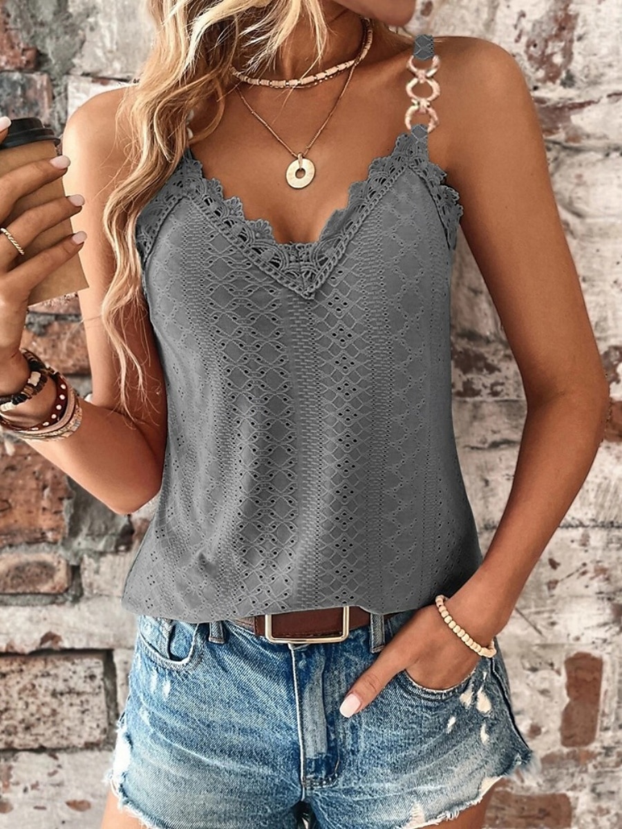 Damers linnen topp enhetlig färg grundläggande avslappnad ärmlös rem vanlig topp daglig spets patchwork vit gul rosa armégrön grå sommar vår 2025 - $19.99 –P7