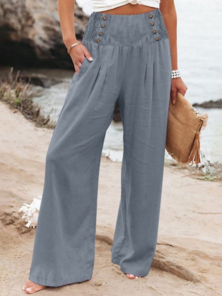 Pantaloni ampi in cotone e lino da donna A tinta unita Chinos Pantaloni baggy Basic Casual Lunghezza intera Vita alta Semplice Fascia elastica Comodo Morbido Confortevole Micro-elastico All'aperto del 2025 a $25.99 –P6
