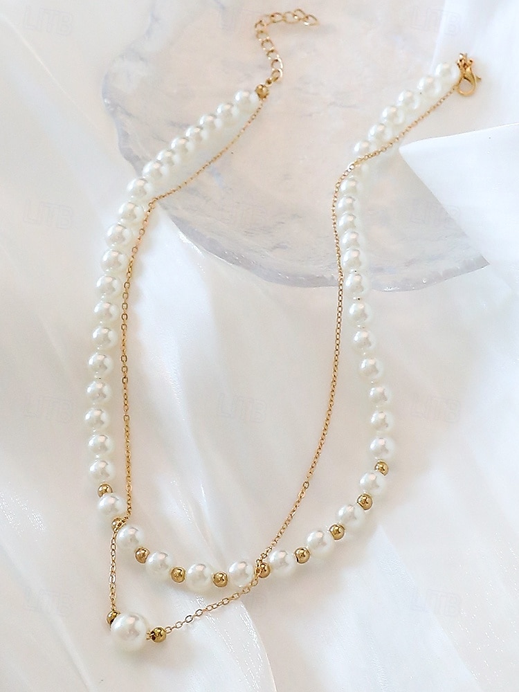 elegant lagerpärlhalsband för kvinnor – guldkedja med vita simulerade pärlor, klassiska vintagesmycken för bröllop, fester och formella evenemang 2025 - $7.99 –P4