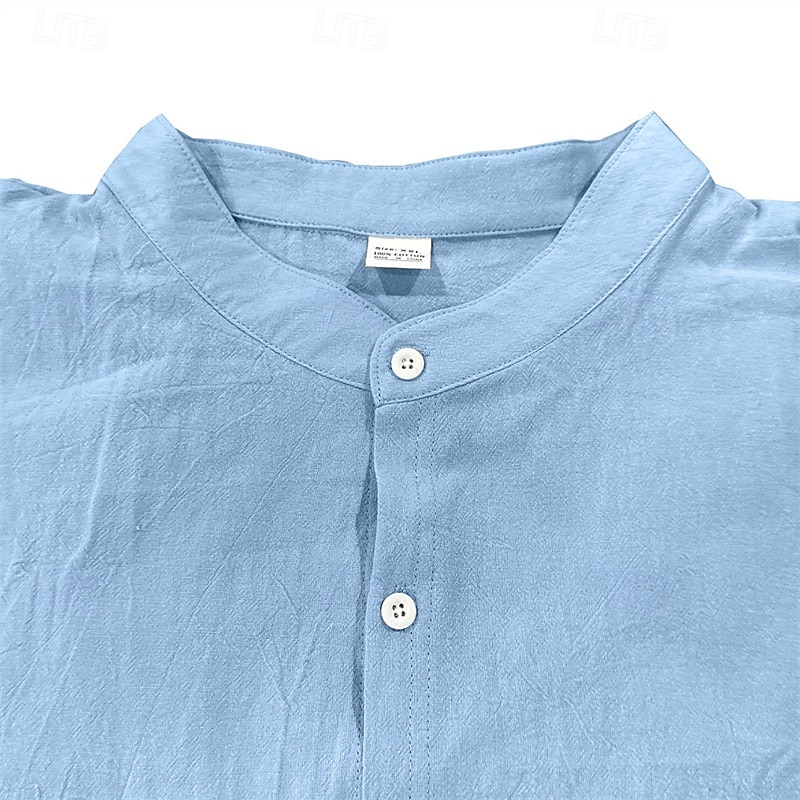 Men's Cotton Linen Shirt Plain Vacation Black White Khaki Dark Gray Long Sleeve Grandad Collar Clothing Apparel 2025 - $25.99 –P3