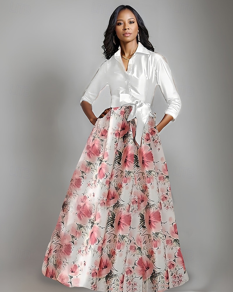 Robe mère de la mariée trapèze, imprimé floral, nœud élégant, plis, longueur au sol, col chemise, satin, manches 3/4 avec boutons, printemps été 2025 de 2025 ? $149.99 –P4