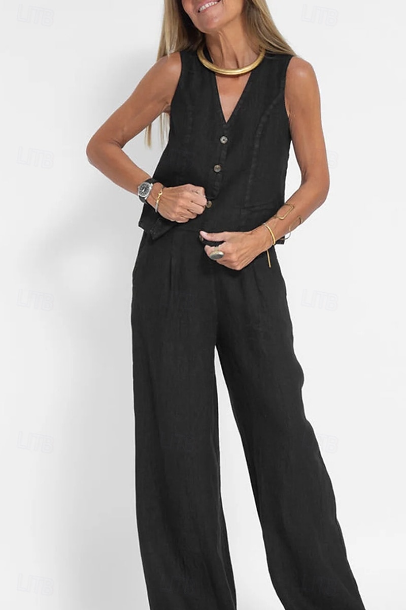 Women's Active Basic Linen-Inspired Sets Two Piece Sets Blouse Sleeveless V Neck Solid Color Dubbele Rij Knopen Vacation Casual Daily Black White Wine Summer Regular Fit 2025 - $26.99 –P9