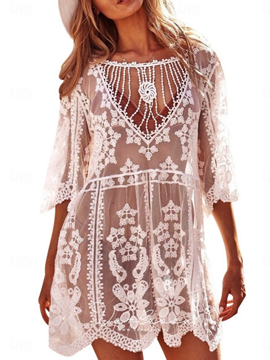 Damen Badebekleidung Cover Up Badeanzug Kleid Badeanzug Spitze Patchwork Urlaub Strandbekleidung einfarbig V-Ausschnitt Langarm Badeanzüge 2025 - $25.99 –P3