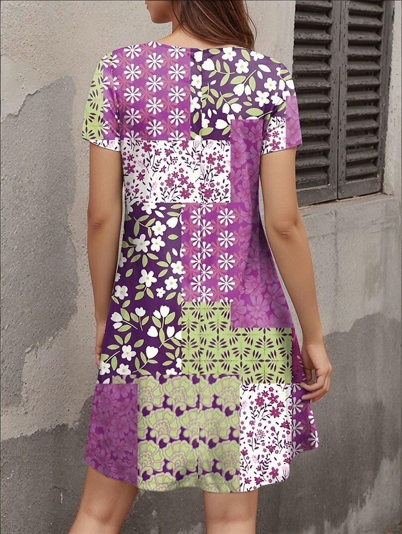Naisten Mini Mekko A-Linjainen Mekko T-paita Mekko Tee Mekko Kesämekko Tyylikäs Mukava Päivittäinen Normaalikoko Kukka Grafiikka Lyhythihainen Crew Neck Purppura Kesä Kevät 2025 - $23.99 –P2