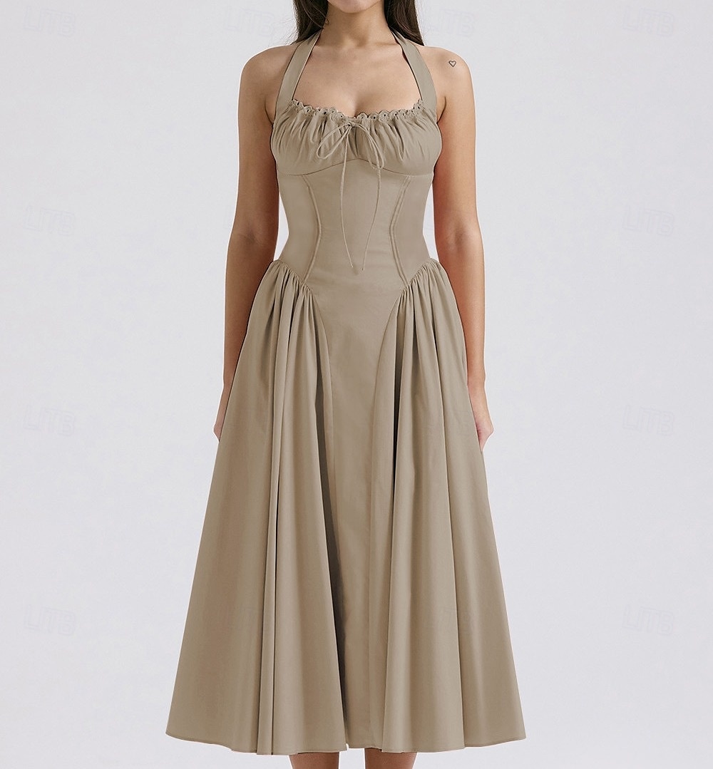 Retro Vintage Medieval Renaissance Midi Dress Flare Dress Ren Faire Halter Regency Inspired Floral Women's Masquerade Wedding Vacation Casual Daily Adults' Dress Summer 2025 - $32.99 –P16