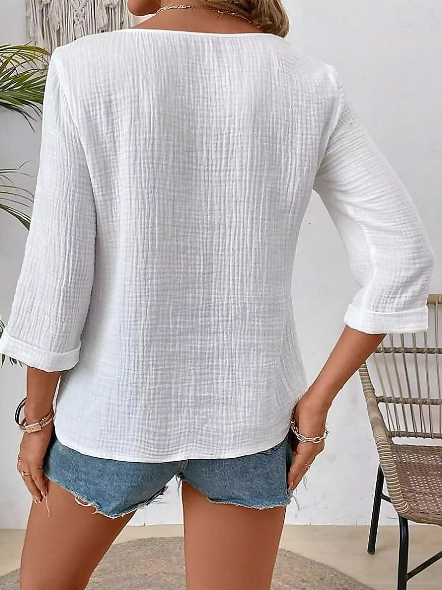 Blouse pour femmes graphique animale élégante bohème à manches 3/4 col notch régulier tops quotidiens similicuir sortie imprimé blanc été de 2025 ? $23.99 –P2