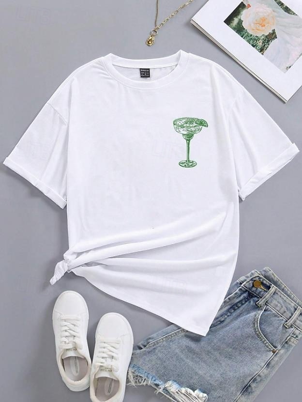 Dámské Tričko Grafika Písmeno stylové Na běžné nošení Plážový styl Krátký rukáv Kulatý Běžné topy Denní Jdeme ven Víkend Tisk Černá Bílá Světlá růžová Nebeská modř Léto Jaro Martini Cocktail 2025 - $18.99 –P5