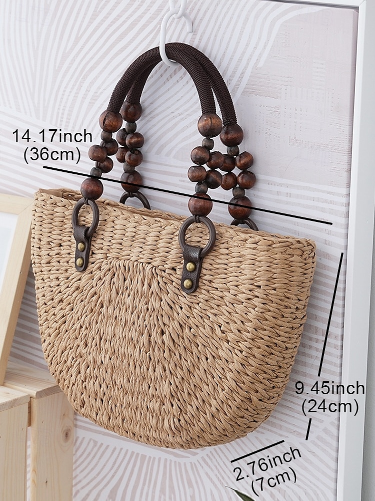 handgemaakte geweven stro tas voor dames - boho zomer strandtas met houten kralen handgrepen, casual schoudertas met grote capaciteit voor vakantie, winkelen en reizen 2025 - $29.99 –P7