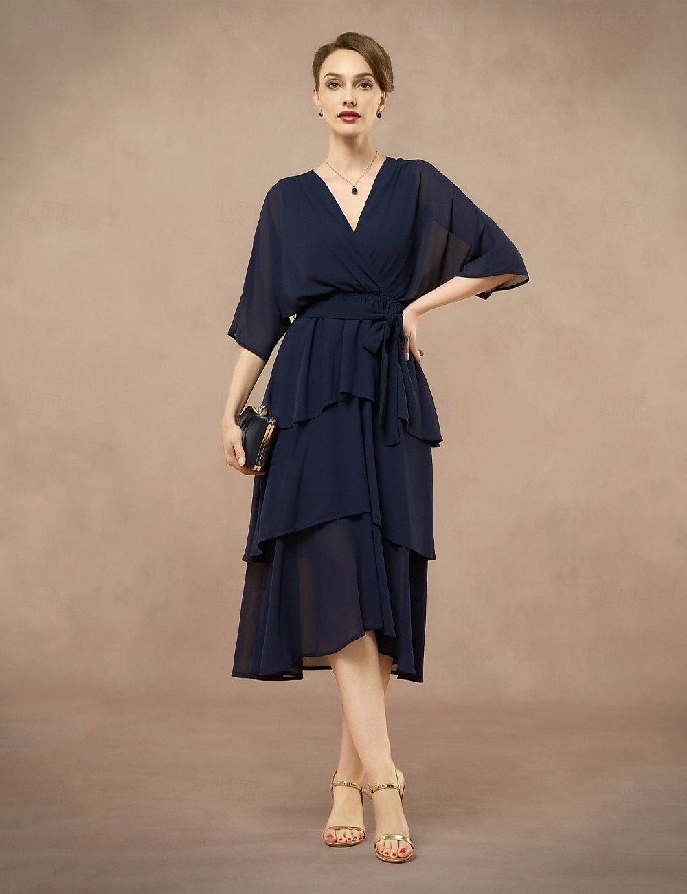 A-Line Mother of the Bride Dress Wedding Guest Elegant V Neck Floor Length Chiffon Half Sleeve with Bow(s) Cascading Ruffles Solid Color 2025 2025 - $87.99 –P5