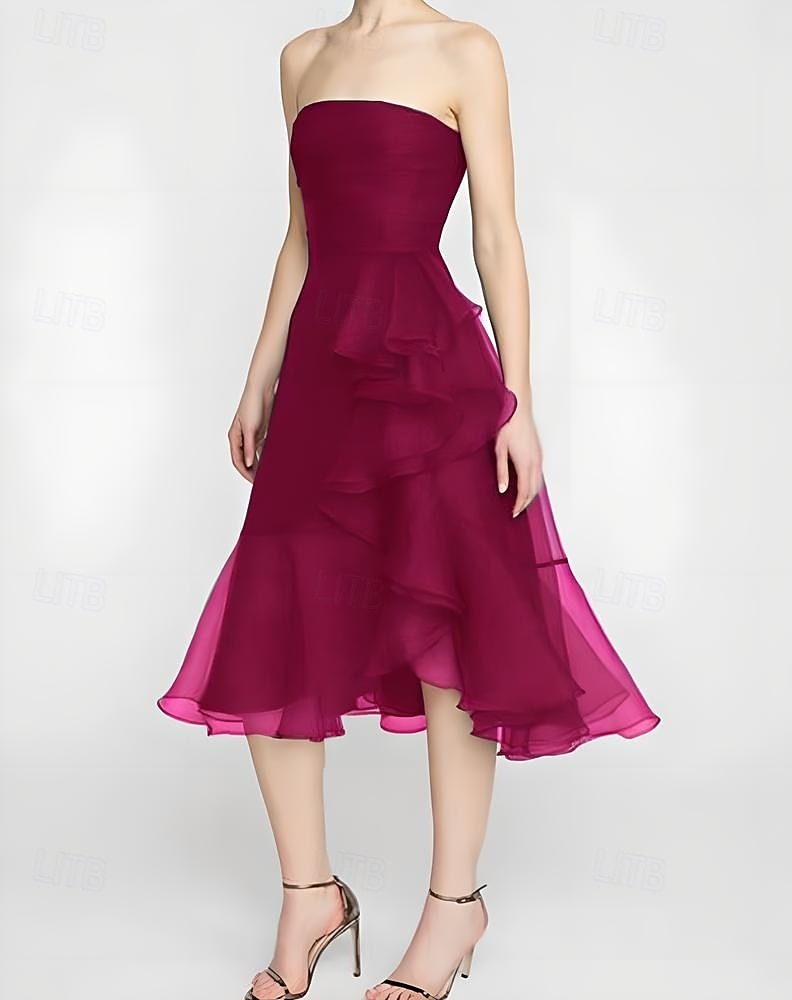 A-Linje Cocktailkjoler Elegant Kjole Formell Bryllup Te-lengde Ermeløs Off Skulder Organza med Folder Volanger 2025 - $134.99 –P3