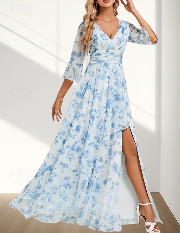 A-Line Brudens mor Kjole Bryllupsgjest Elegant V-hals Gulvlengde Chiffon 3/4 Lengde Erme med Folder Rynket Splitt Foran Bryllupsgjest Kjole 2025 2025 - $145.99 –P4