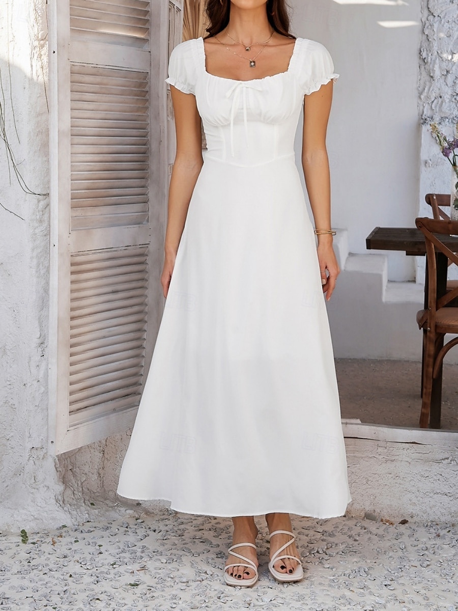 Dam Långklänning Maxiklänning Vit klänning Vardagsklänning Swingklänning Sommarklänning Mode Modern Elegant klänning Dagligen Datum Helgen Normal Slät Kortärmad Fyrkantig hals Svart Vit Gul Marinblå 2025 - $32.99 –P3
