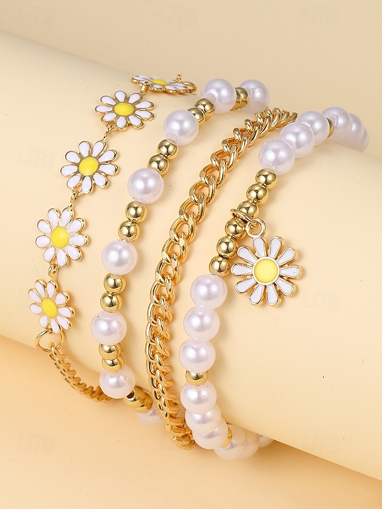 "Boho Daisy Pearl Bracelet Set for Women – Gold Chain & Beaded Layered Bracelets, Cute Floral Jewelry for Summer, Beach, Festivals and Casual Wear" 2025 - $7.99 –P4