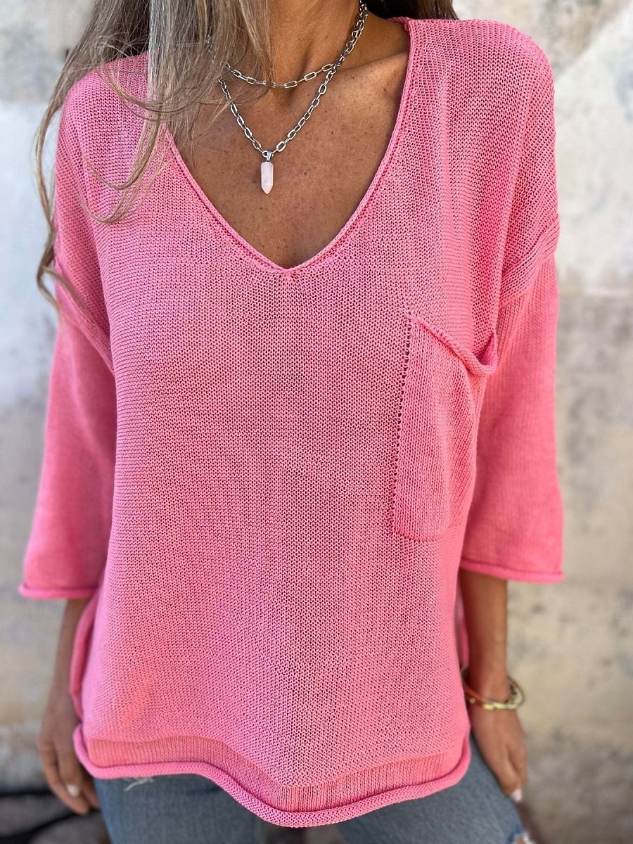 Damen Pullover Täglich Stilvoll Lässig Einfarbig Gerippt V Ausschnitt Tasche Gestrickt Langarm Normale Oberteile Stricken Outdoor Täglich Schwarz Weiß Sommer Frühling 2025 - $22.99 –P5