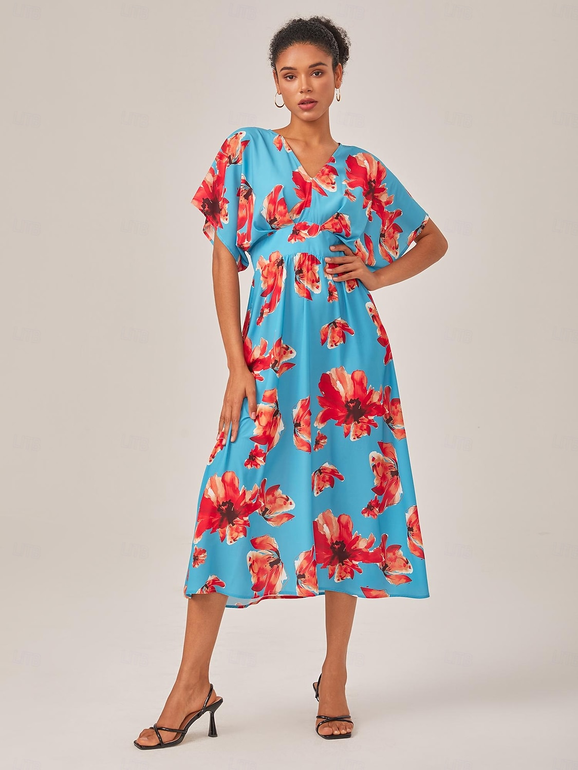 robe midi élégante à fleurs bleues et col en V pour l'été de 2025 ? $15.99 –P5