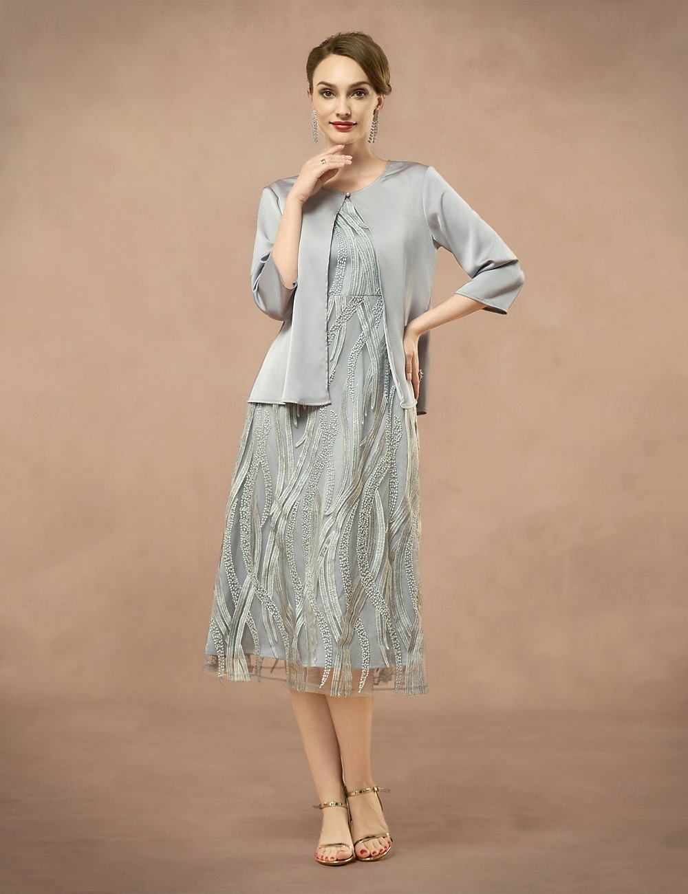 A-Line Mother of the Bride Dress Two Pieces Elegant Jewel Neck Tea Length Lace 3/4 Length Sleeve with Embroidered Lace Applique 2025 2025 - $79.99 –P4