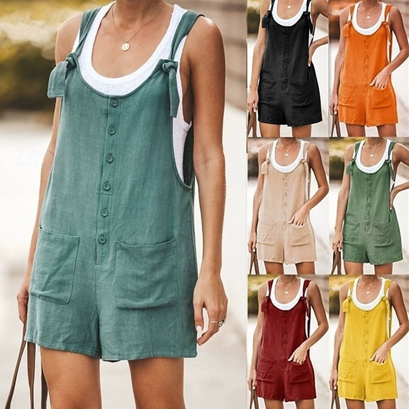 Femmes Normal Pantalon inspiré du lin Basique Couleur Unie Sans manches Col en U Avec Poches Rue Quotidien Coupe régulière Noir Jaune Vert Claire Été de 2025 ? $21.99 –P1