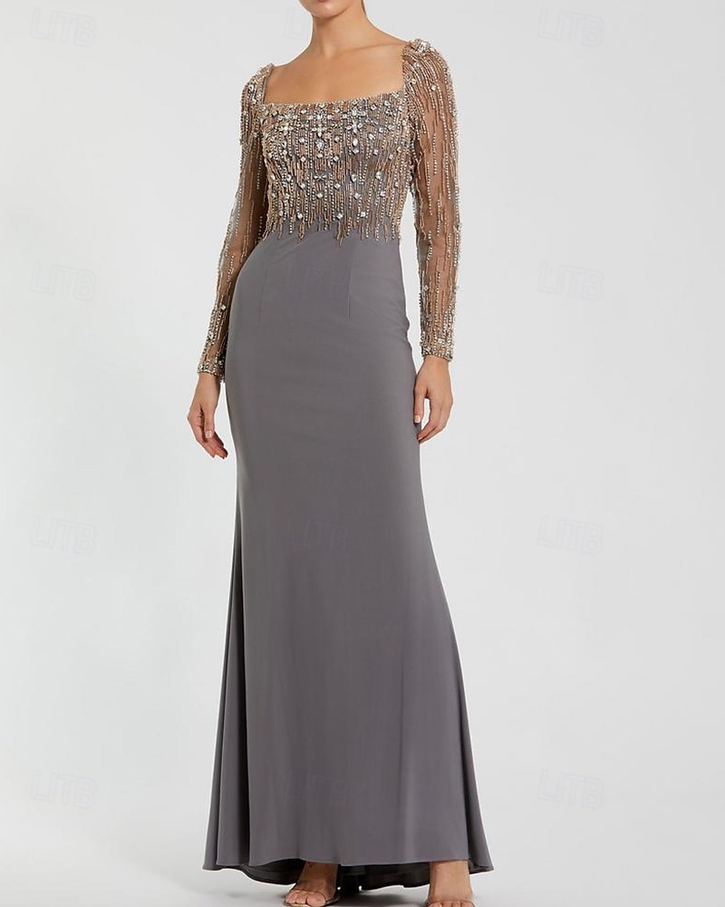 Meerjungfrau/Trompete Abendkleid elegantes Kleid formelle Abendparty bodenlang Langarm quadratischer Ausschnitt Stretch-Crêpe mit Perlenkristallen 2025 2025 - $196.99 –P4