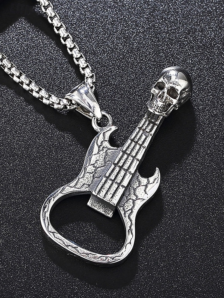 Men's Punk Rock Guitar Necklace with Skull Pendant – Stainless Steel Bottle Opener Chain for Music Lovers, Party & Bar Accessories 2025 - $7.99 –P4
